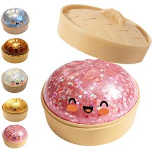 Giant Dumpling Stress Ball, Big Squishy Steamed Bun Glitter Fidget Toy with Steamer, Helps with Stress Relief, Soft Squeeze Ball for Kids and Adults (Pink Glitter)