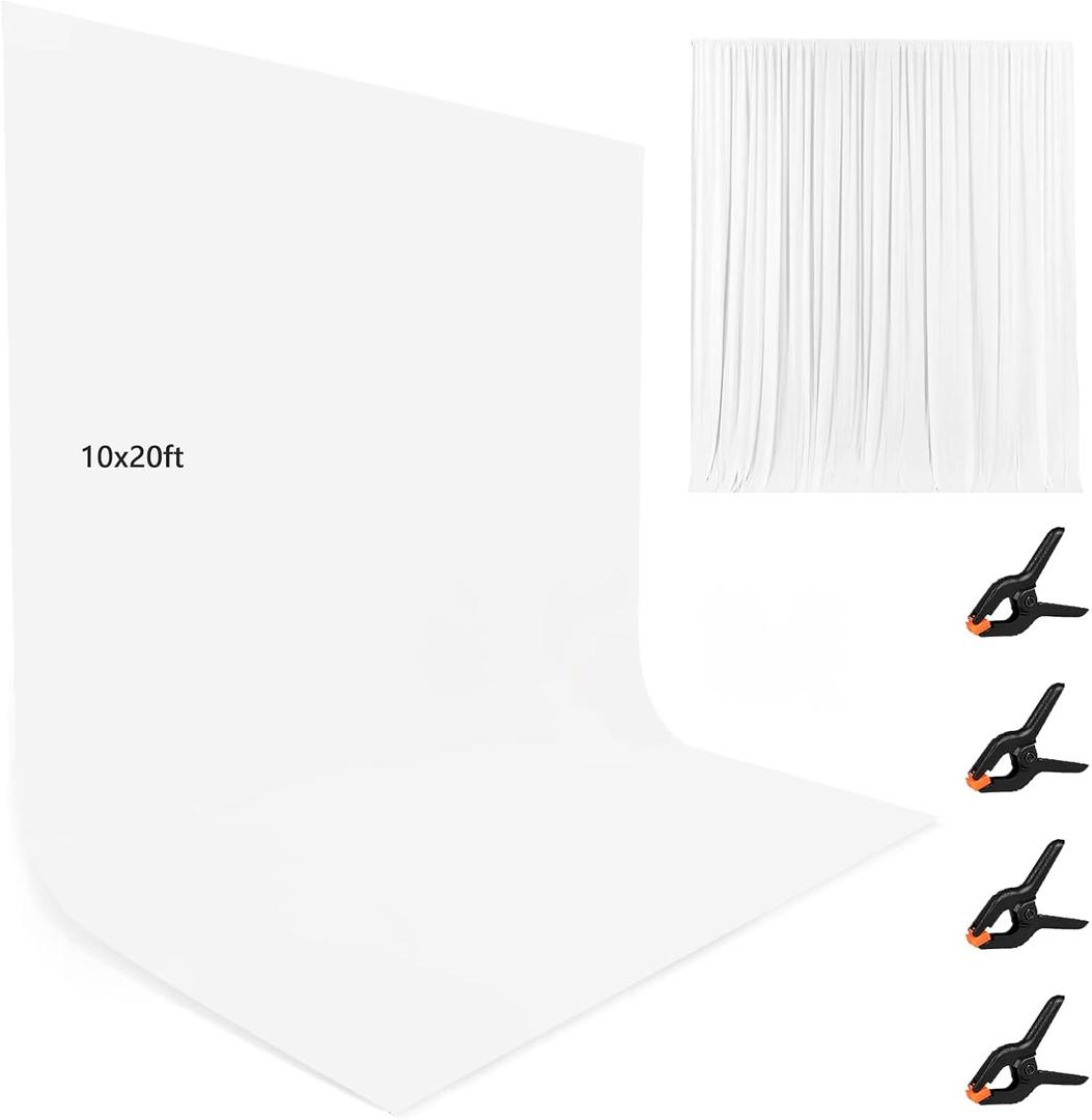10X20ft White Photo Backdrops for Photography, LCUIRC Two Rod Pocket Backdrops Curtain for Parties, Polyester Background with 4 Clamps for Product Protrait Photoshoot or Parties Decoration