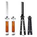 2 Pack Automatic Switch Folding Practice Combs, Stainless Steel Butterfly Comb for Hair Styling Tools (Wood+Black)