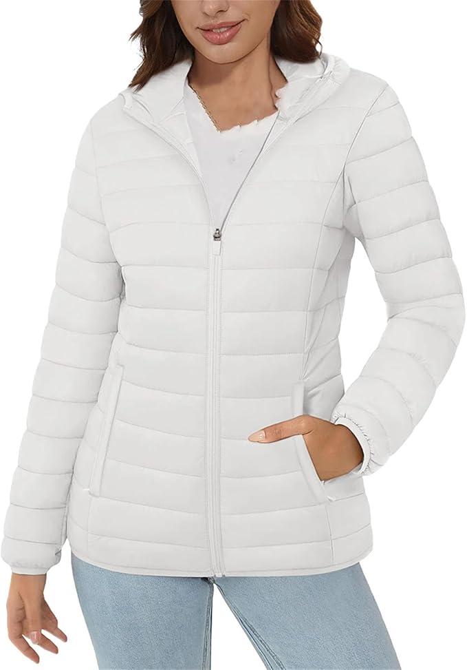 Women's Hooded Down Jacket Full Zip Windbreaker Waterproof Lightweight Warm Down Jacket with Pockets Women's Jacket (size 2 XL)