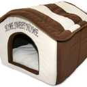 Best Pet Supplies Dog House Bed Crate Mat Tent Indoor Round Soft Plush for Small, Medium, and Large Breeds - Beige w/Brown Stripes, 16 x 16 x 14"