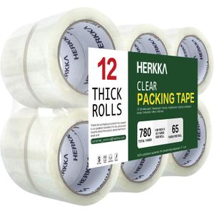 HERKKA Clear Packing Tape, 12 Rolls Heavy Duty Packaging Tape for Shipping Packaging Moving Sealing, Thicker Clear Packing Tape, 1.88 inches Wide, 65 Yards Per Roll, 780 Total Yards