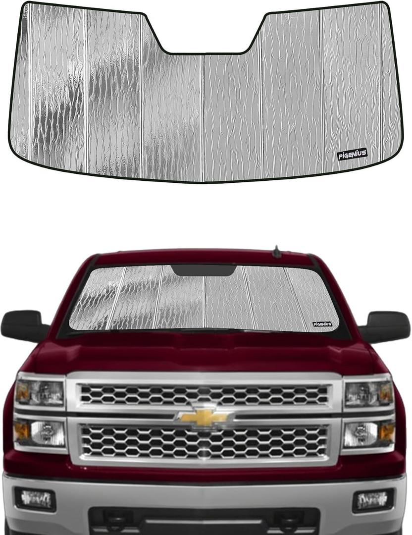 Pigenius Windshield Sun Shade for Chevy Silverado/GMC Sierra 1500 2014-2018, 2500 3500 HD 2015-2019, 1500 LD/Limited 2019, Reversible Silver/Black