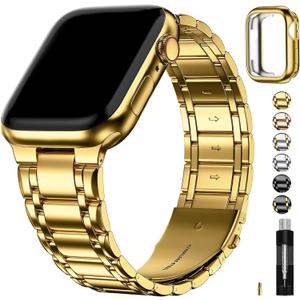Fullmosa Bands Compatible with Apple Watch Band 41mm 40mm 38mm, Stainless Steel iWatch Band with Case for Apple Watch Series 9 8 7 6 5 4 3 2 1 SE3/2/1, Golden