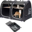 Mispace Portable Twin Compartment Show House Cat Cage Condo,Comfy Puppy Home Dog Travel Crate with Carry Bag/2 Hammocks/Mats & Collapsible Litter Box (Black)