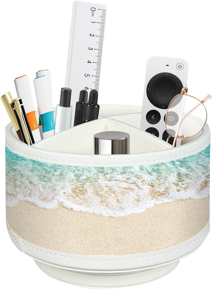 TV Remote Control Holder for Table, 360 Swivel Pen Holder for Desk Organizers and Accessories, Nightstand Organizer Caddy for Media Controllers/Office Supplies, Bedside Decorations for Living Room (Beach)