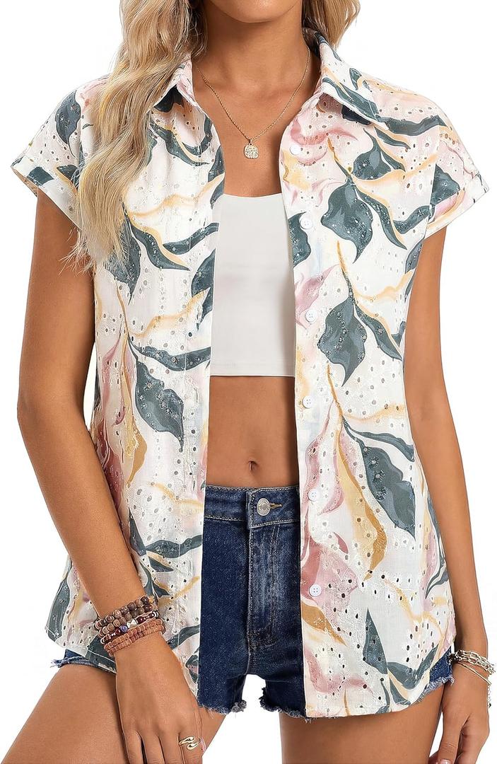 GRACE KARIN Floral Eyelet Spring Summer Tops for Women,2026 V Neck Dressy Casual Shirts,Boho Button Down Short Sleeve Blouses (S)