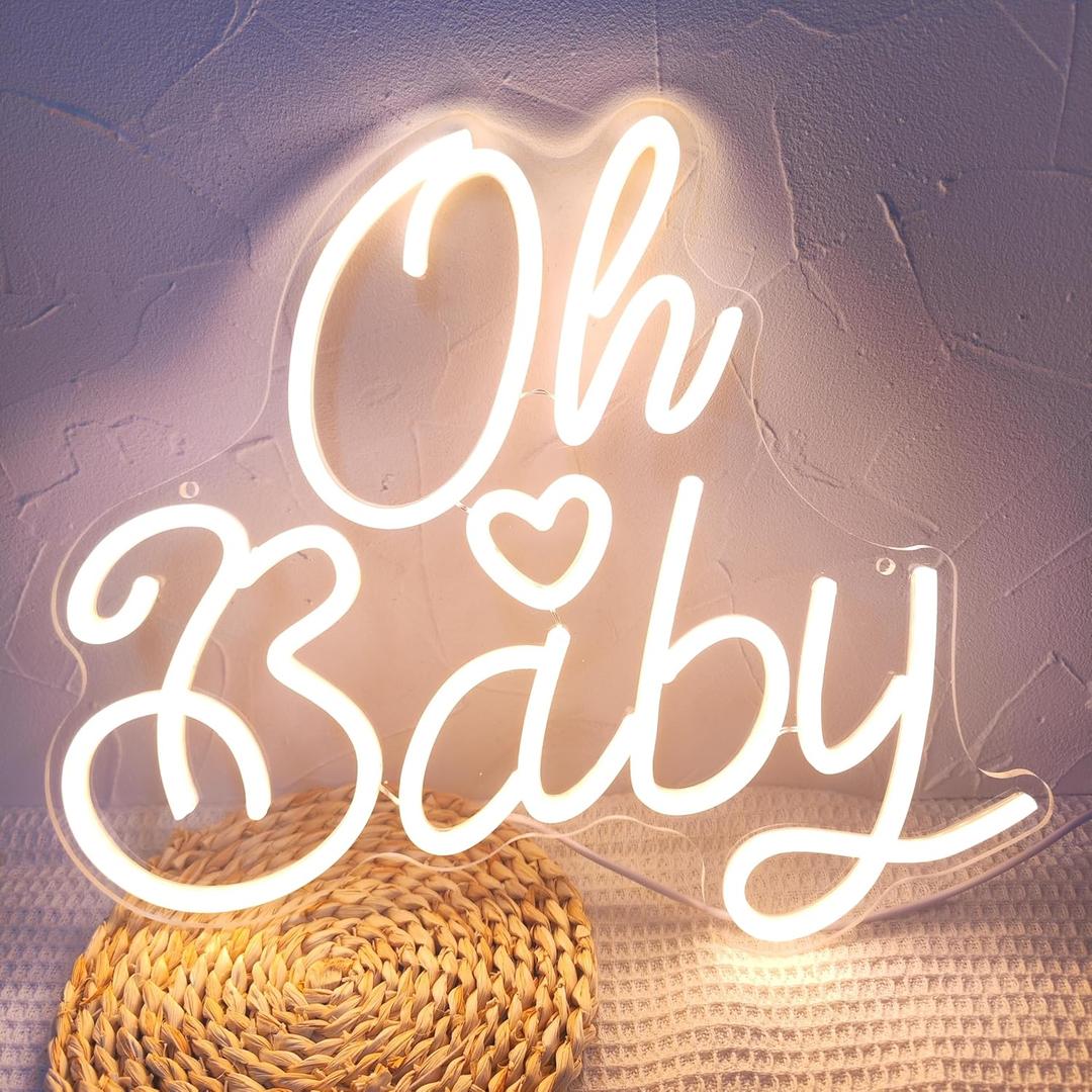 Oh Baby Neon Sign for Wall Decor, Baby Shower Neon Sign with Dimmer, Warm White Led Light for Bedroom Decor, Wall Decoration USB Powered with Switch, Gift for Mother(14.9inchs*13inchs)