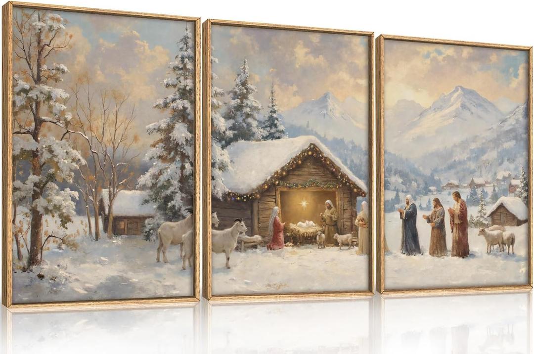 HOURIA Christian Christmas Nativity Framed Canvas Wall Art Set,Religious Mary Joseph & Jesus Christ Biblical Decor,Holy Family Star of Bethlehem Winter Artwork for Living Room,Church,Holiday-16"x24"x3