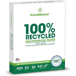PrintWorks 100% Recycled Printer Paper 8.5" x 11" White - 20 lb Copy & Multipurpose Computer Paper - 1 Pack, 400 Sheets - Made in the USA - 92 Bright - Printer & Copier Compatible (00018)