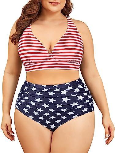 American Trends Womens Plus Size Bikini Two Piece Swimsuits Tummy Control Bathing Suits High Waisted Bikini Swimwear 3XL