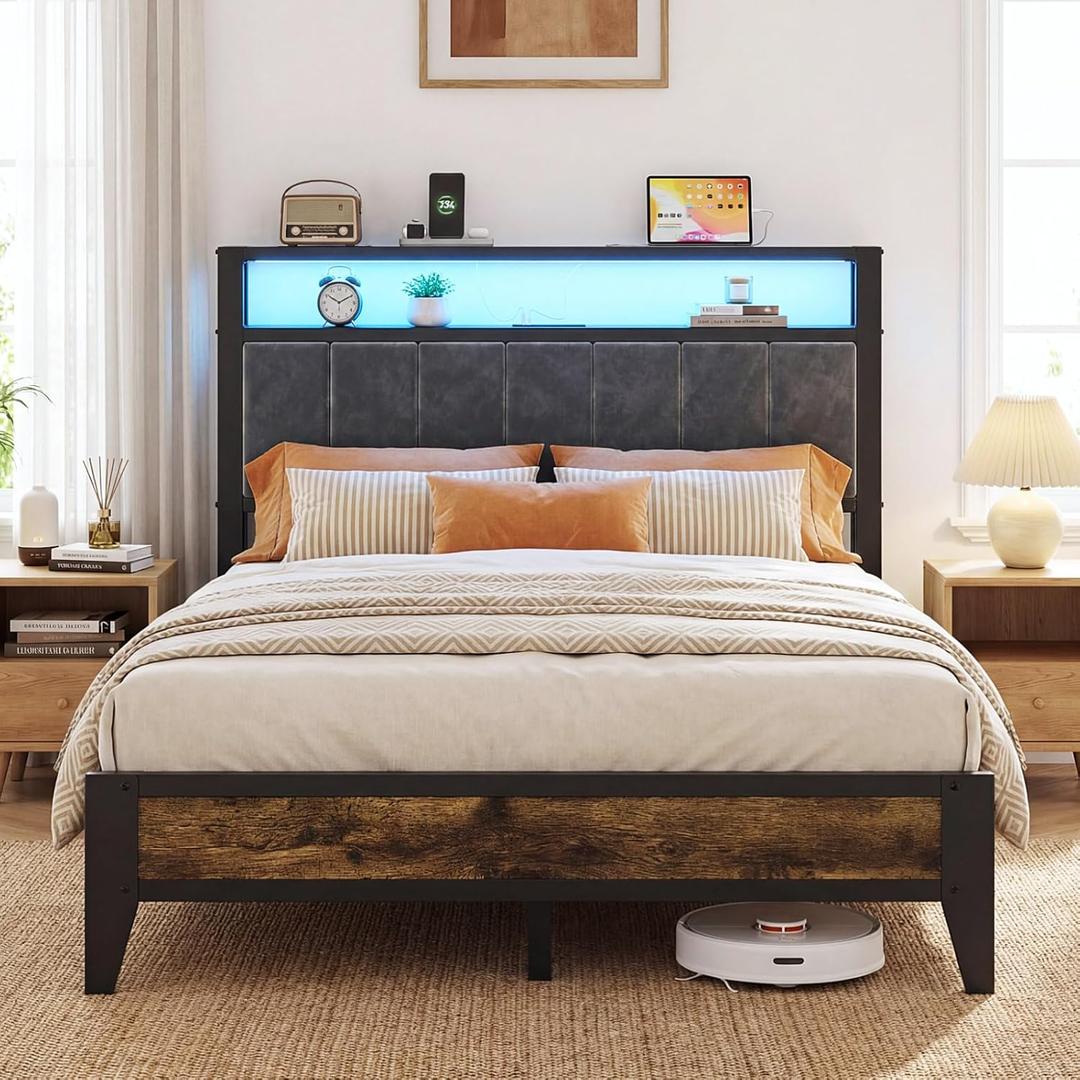OLEVS Full Bed Frame with Headboard, Metal Platform Bed Full Size with 2-Tier Storage, LED Light & Charging Station Type C, No Box Spring Needed