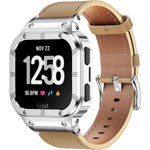 Leather Bands with Stainless Steel Case Compatible with Fitbit Versa 1 2 3 4 Lite Sense 2 1 Protective case for men (Brown/Silver Case)