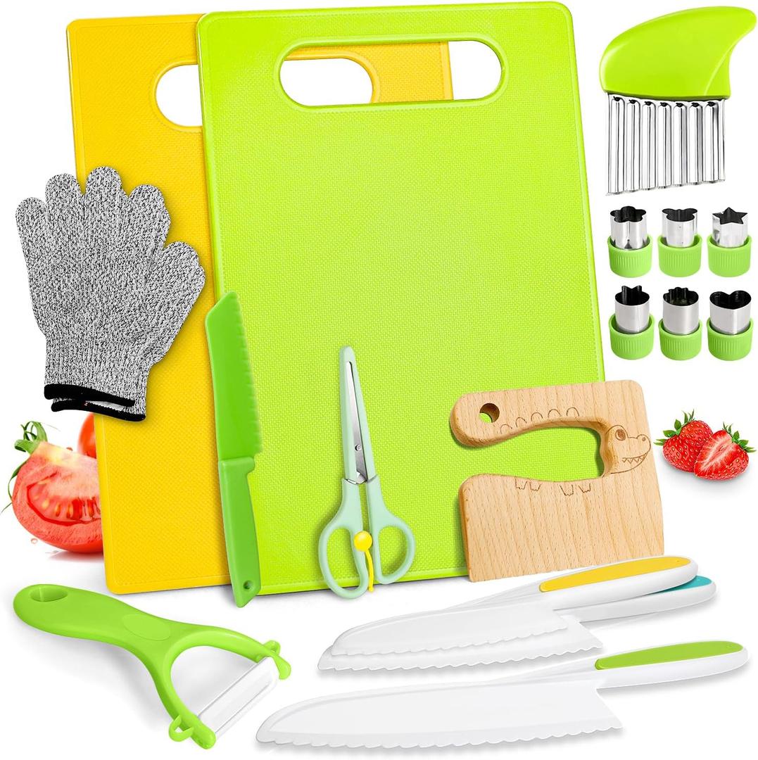 18PCS Kids Knifes Set for Real Cooking, Wooden Toddler Knife 2PCS Cutting Board Kitchen Gloves Fruit Vegetable Crinkle Cutters Plastic Kid Safe Knives, Birthday Gifts for Girls & Boys Age 3-8 Yrs Old 