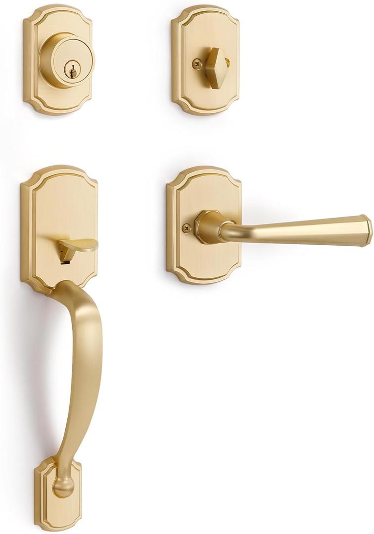 1 Pack Gold Front Door Handle and Deadbolt Set Reversible Brushed Brass Lever Entry Lock Handleset with Key Single Cylinder