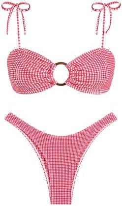 ZAFUL Women's Bandeau Tie Spaghetti Strap Bikini Textured O Ring Ruched High Leg Swimsuit Cheeky Bathing Suits, Small