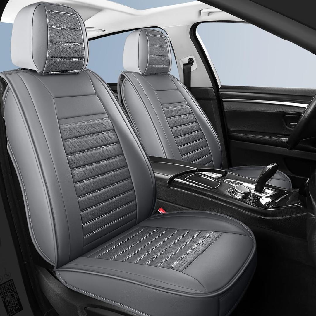 Leather Car Seat Covers, Waterproof Horizontal Stripes Front and Rear Car Seat Cover, Breathable Automotive Seat Covers for Sedan SUV Pick-up Truck(Style2,5 PCS Full Set, Grey)