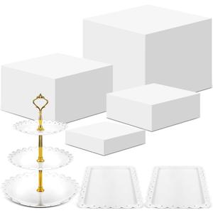 Baderke 4 Pcs Buffet Risers with Cupcake Stand Holder Serving Tray, Food Risers for Buffet Table, Display Stand Catering Dessert Collectibles, White Acrylic Cube Boxes Nesting for Party