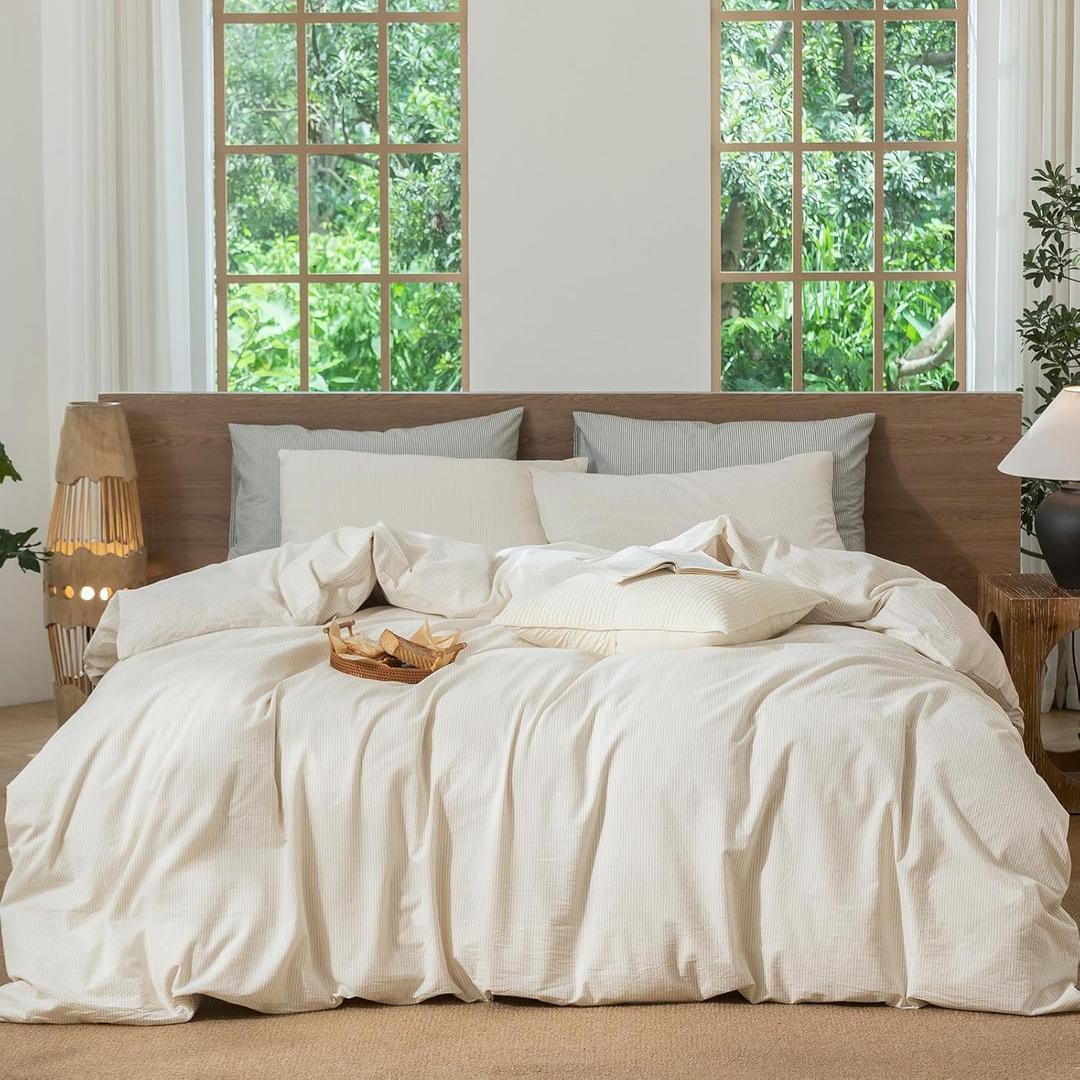 MooMee Striped Duvet Cover Set 100% Washed Cotton Linen Like Textured Breathable Durable Soft Comfy (Almond Milk Grey Pinstripes, Full 80"x90")