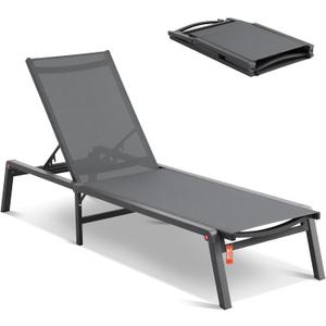 VEVOR Modern Outdoor Lounge Chair, Aluminum Patio Chaise with Adjustable 5-Position, Foldable Pool Lounge Recliner and Full Flat Tanning Chair for Patio, Beach, Pool, Dark Grey (1 Lounge Chair)