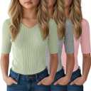 3 Pack Girls T Shirts 5-14 Years Tween Summer V Neck Cute Fitted Tops Fashion Trendy Basic Tees for Kids