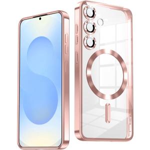 Slim Thin for Samsung Galaxy S25 Plus Case, Compatible with MagSafe, Built-in Camera Lens Protector, Shockproof Protective Phone Case, Soft Electroplated Clear Cover, Rose Gold