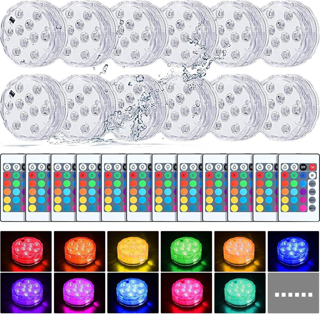 Mudder 12 Pack Submersible LED Lights with Remote 2.8" Waterproof Pool Underwater LED Light Battery Operated Bathtub Lamp 16 Color Changing Lamp for Hot Tub Pool Pond Vase Aquarium Decoration