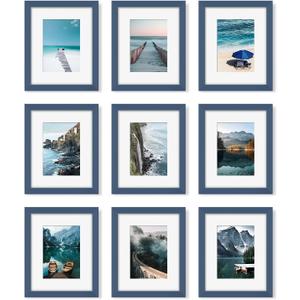 YESKAY 8x10 Picture Frame Set of 9, Display Pictures 5x7 with Mat or 8 x 10 Without Mat, Multi Photo Frames for Wall Mounting or Table Top Display, Blue