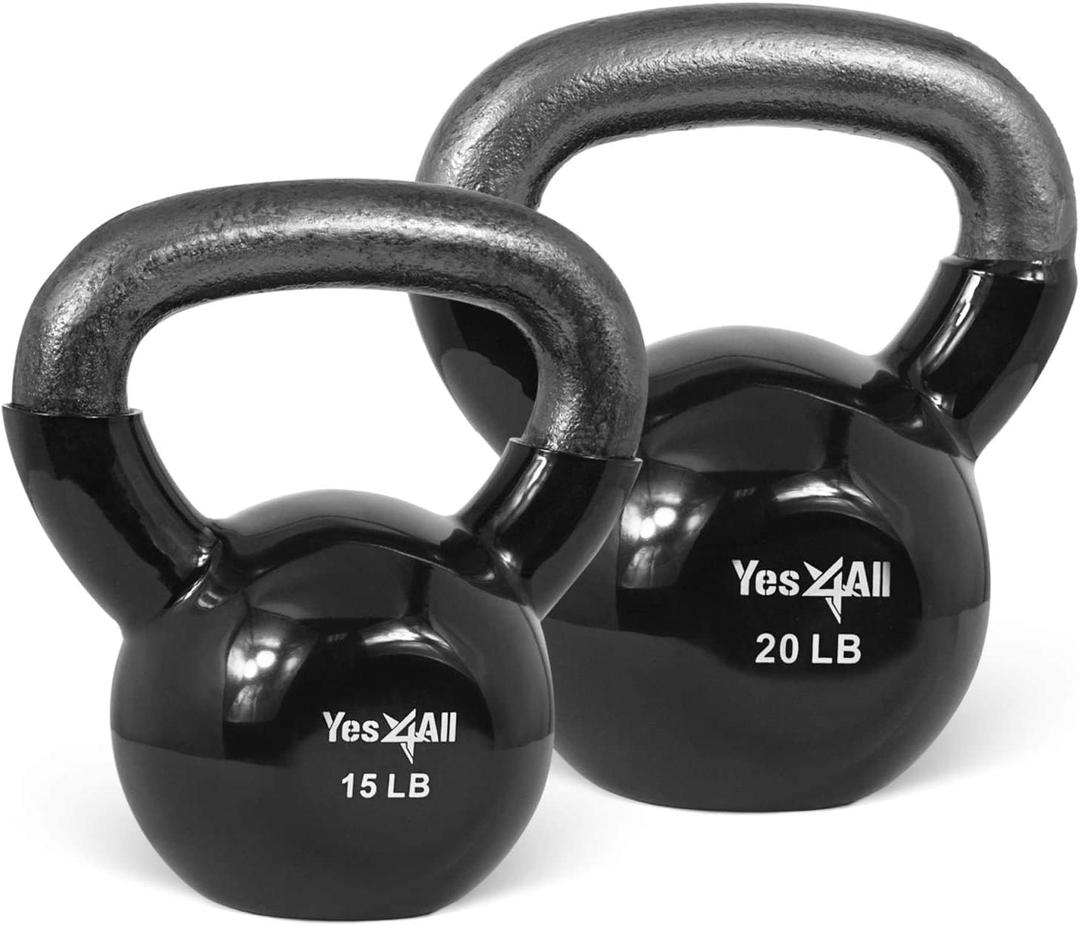 Yes4All Kettlebell, Vinyl Coated Kettlebell Cast Iron Sets with Stable Flat Bottom for Full Body Workout, Push up, Grip Strength Training & Weights Exercises (Black)