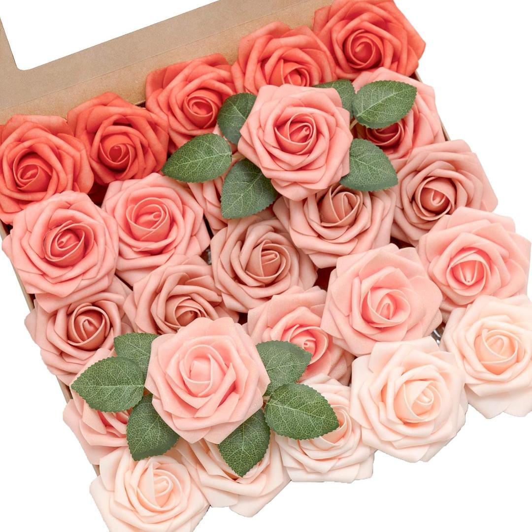 Ling's moment Artificial Flowers, 25Pcs 3" Roses in Coral Shades, Realistic DIY Foam Floral Decor for Wedding Bouquets/Centerpieces, Outdoor Party Backdrops, Room/Table, and Garden/Pot Decorations