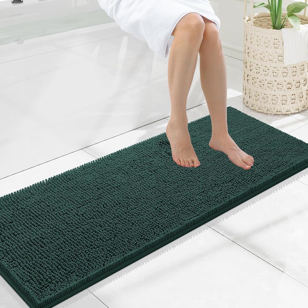 Smiry Luxury Chenille Bathroom Rugs 47x17, Extra Soft and Absorbent Shaggy Bath Mat, Machine Washable, Non-Slip Plush Carpet Runner for Tub, Shower, and Floor, Home Decor Accessories, Green
