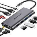 Hiearcool USB C Hub, USB-C Laptop Docking Station, 11IN1 Triple Display Type C Adapter Compatible for Dell Hp Lenovo Windows (2HDMI VGA PD3.0 SD TF Card Reader Gigabit Ethernet 4USB Ports)