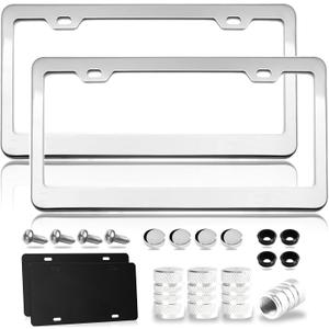 Mirror Polished Stainless Steel License Plate Frame Metal License Plate Cover License Plate Holder 2 PCS, Gloss Silver License Plate Frames with Chrome Screw Caps & 2 Holes, Rust-Proof