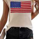 TKTSO Women American Flag Cap Sleeve Knit Sweater Vest Summer Crew Neck Sleeveless Top Casual Vacation Pullover Tank Top(M, Beige)