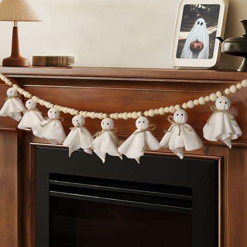 7.2 FT Halloween Garland Ghost Decorations, Adjustable Hanging Cute Ghost Garland Mantel Decor, Handmade Wooden Beads Halloween Banner for Fireplace Home Room Indoor Outdoor Office Wall Party Supplies