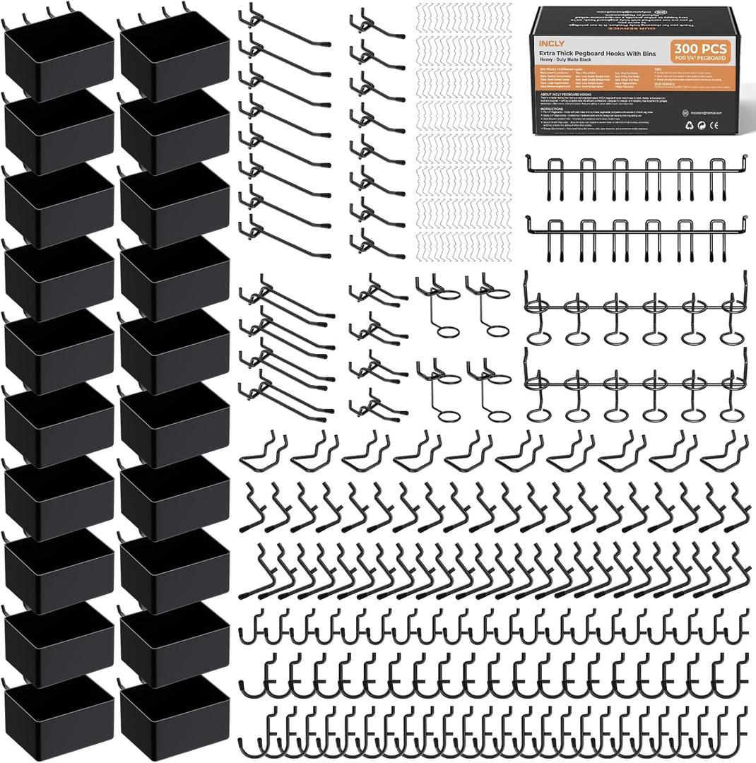 INCLY 300PCS Extra Thick Pegboard Accessories, 1/4" Heavy Duty Pegboard Hooks with Bins & Peg Locks, Peg Board Organizer Accessories Kit for Garage Wall Attachments Hanging Tools