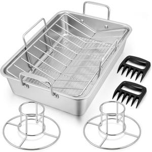 16" Roasting Pan with Rack, 7 PCS P&P CHEF Stainless Steel Turkey Roaster Lasagna Pan with Cooling Flat & V-shaped Baking Rack, Grilling Chicken Holder, Meat Shredding Claws, Dishwasher & Oven Safe