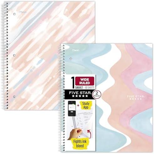Five Star Spiral Notebook + Study App, 4 Pack,  Wide Ruled, 8" x 10-1/2", 80 Sheets, Fights Ink Bleed, Water Resistant Cover, Pastel Waves and Brush Strokes (930210F-ECM)