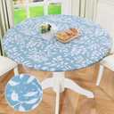 misaya Round Fitted Tablecloth with Elastic Edge, 100% Waterproof Oil Proof Plastic Table Cover, Vinyl Flannel Backed Tablecloth Fits 36"-44" Round Tables for Dinner, Outdoor, Picnic, Blue Leaves