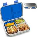 BOSEDSANG Stainless Steel Kids Leak-Resistant Bento Lunch Box, 3-Compartments with Silicone Container, Dishwasher-Safe, Child-Friendly Design for School, Picnics & Travel,BPA-Free (Blue)