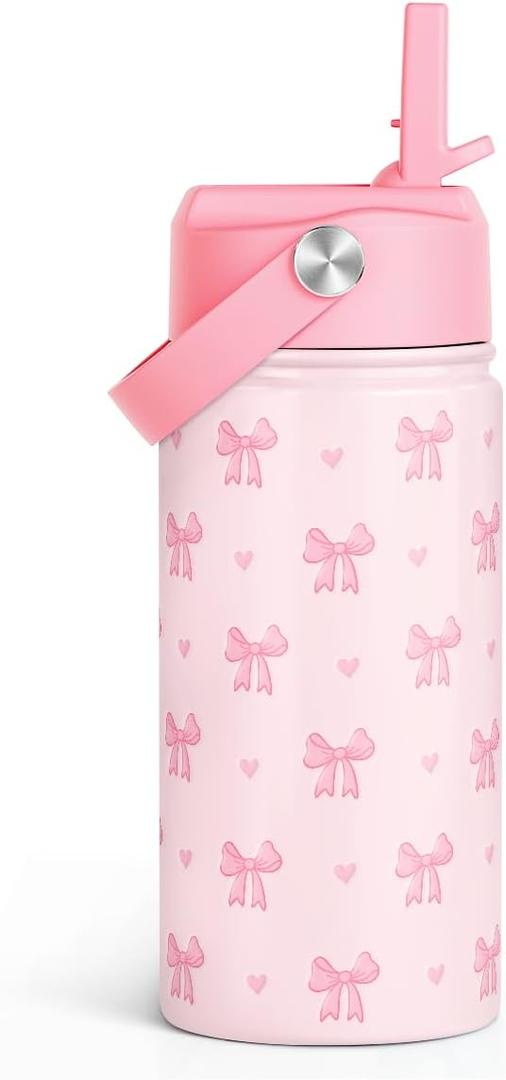 Bow Kids Water Bottle With Straw Lid 12oz Insulated Stainless Steel, Travel Tumbler, Pink Bow Gifts For Girls, Birthday, Christmas, Back To School