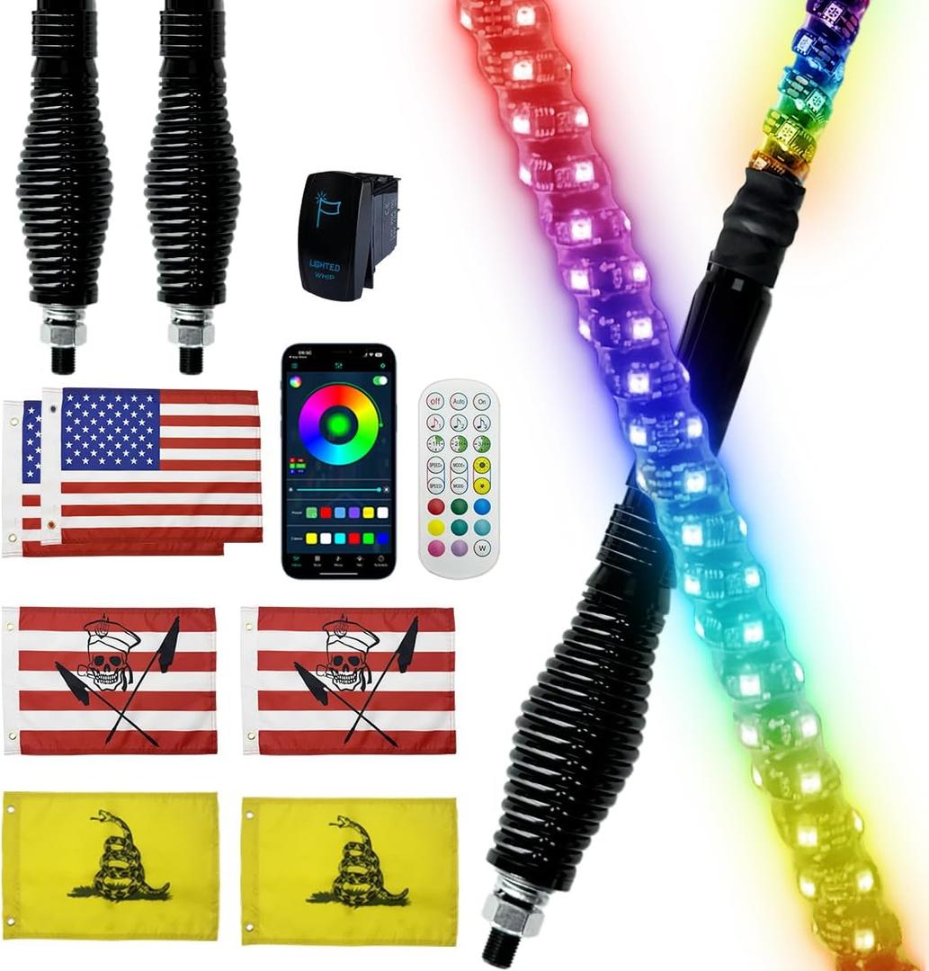 2 Pack Whip Lights with Spring Base, 3ft UTV LED Whip Light for ATV
Whip Lights for Side by Side with APP & Remote Rocker Switch, Spiral RGB Chasing Lighted Whips for Can-Am SXS Polaris Truck
