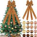 17 Pcs Brown Christmas Tree Decorations Set Large Velvet Wreath Bow 16 Christmas Ball Ornaments Holiday Tree Topper Bows Stripe Dot Hanging Ball for Party Staircase Fireplace
