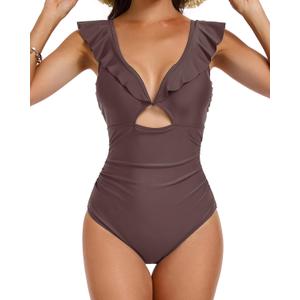 Women's One Piece Swimsuit Tummy Control Ruffle Bathing Suit Plung V-Neck Lace Up Swim Suit Cutout Swimwear, Brown, L