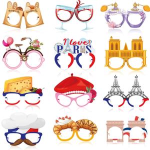 36 Pcs Paris Party Decorations France Theme Eyeglasses Paper Glasses Frame Eiffel Tower Photo Booth Props French Party Favors for Paris Baby Shower Birthday Supplies