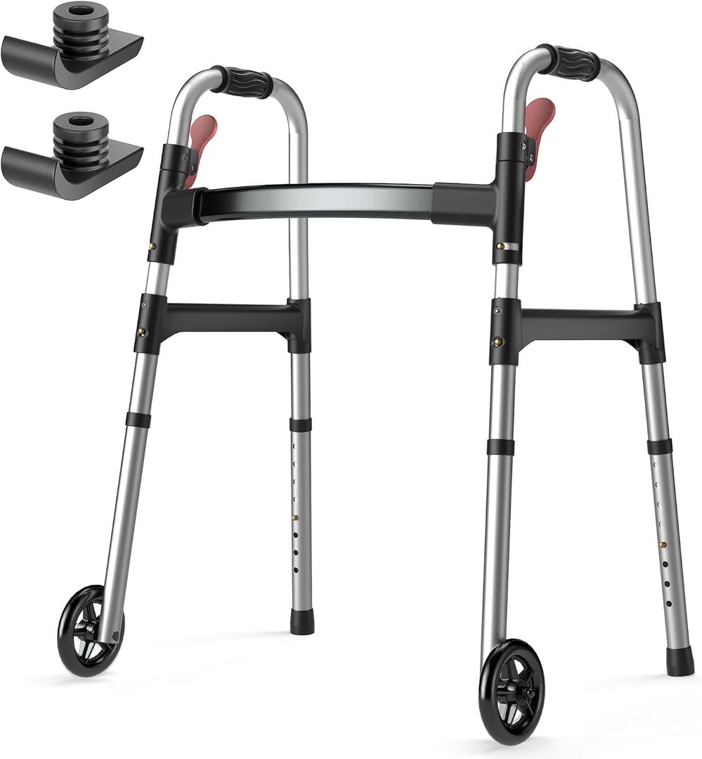 HOMLAND Walkers for Seniors, One-Hand Folding, 8 Height Adjustments, Walkers with Wheels, 2 Skis and 5" Wheels, Lightweight Walker for Seniors, Standard Walkers for Seniors, Aluminum Frame, Silver