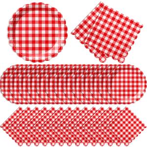 Roshtia 120 Pcs Red Gingham Paper Plates and Napkins Set, Serves 60, 7" Dessert Plates for Pizza Party, Picnic & BBQ, Red Checkered Tableware for Italian Night