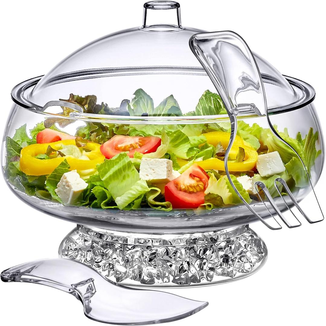 Amazing Abby - Ice Bed - Acrylic 5-Quart Salad Bowl with Built-in Ice Base and Lid, Plastic Clear Serving Bowl with Integrated Servers, Keeping Salad Cold and Fresh for Party, Picnic, Outdoor Dining