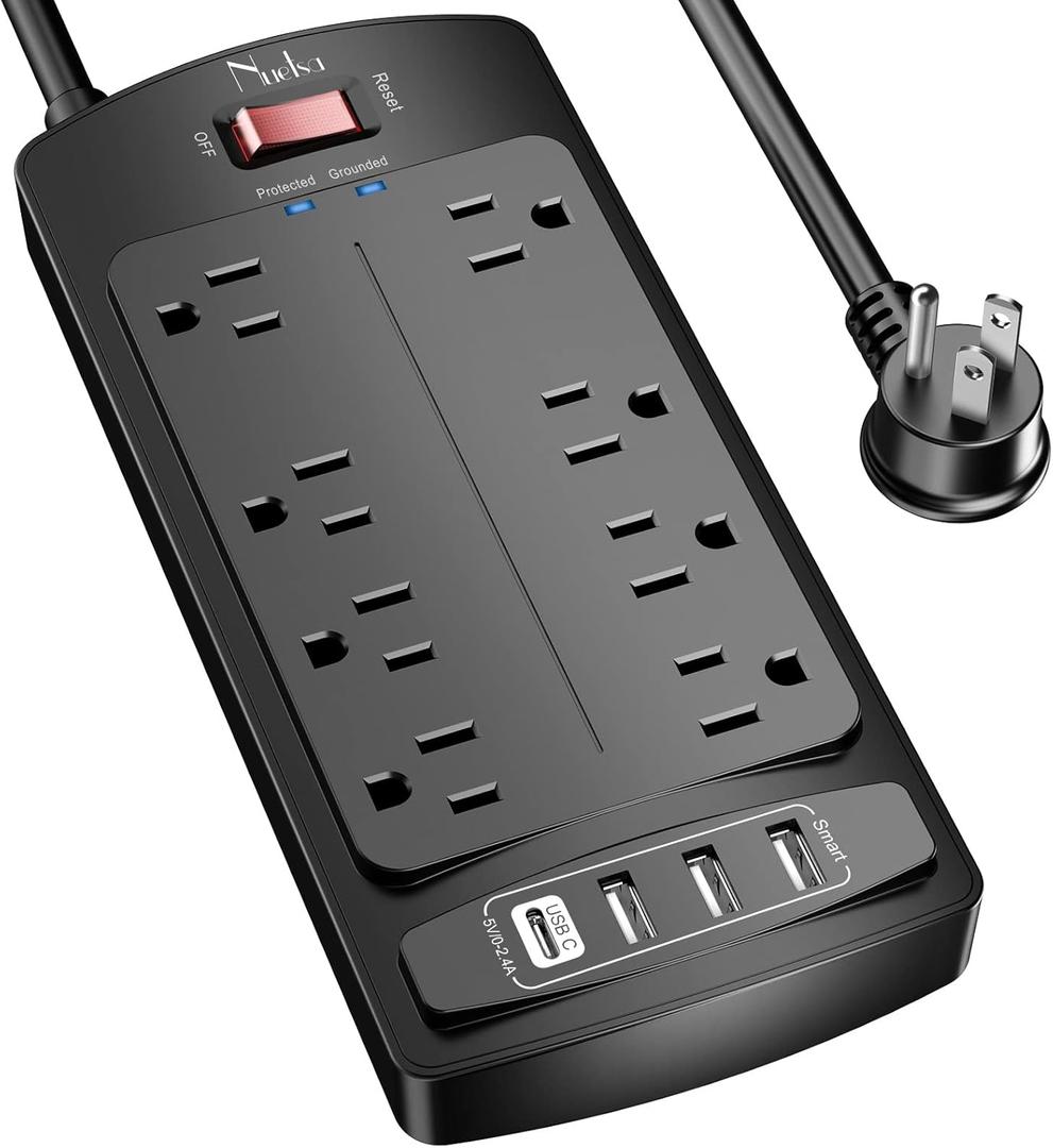 6FT Surge Protector Power Strip, Nuetsa Extension Cord with 8 Outlets and 4 USB Ports, 6 Feet Power Cord (1625W/13A), 2700 Joules, ETL Listed, Black