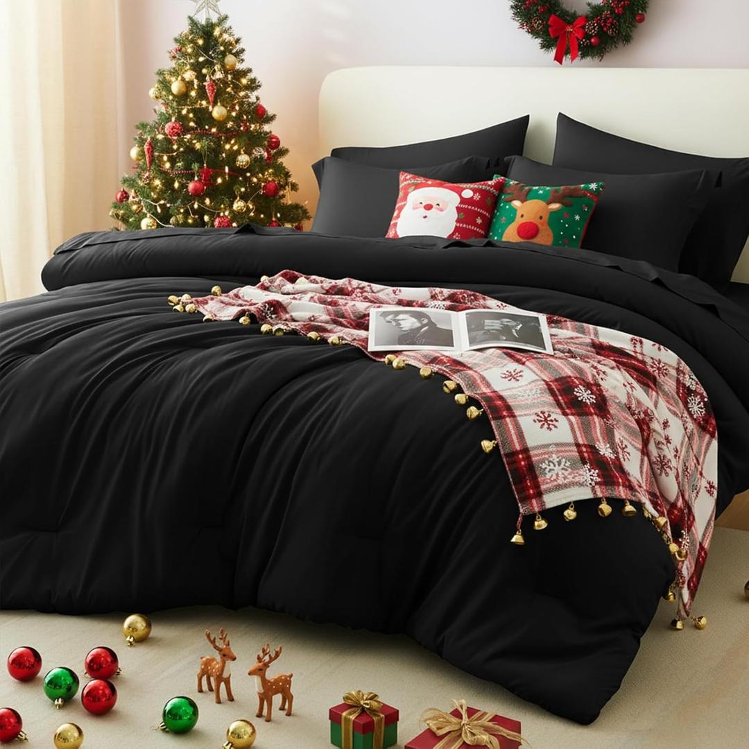 CozyLux Queen Comforter Set Black, 7 Pieces Bed in a Bag Soft Bedding Comforter Set with Sheets, All Season Boho 7PC Bed Sets with Comforter, Fitted Sheets, Flat Sheets, Pillow Shams and Pillowcases, 104" x 96"